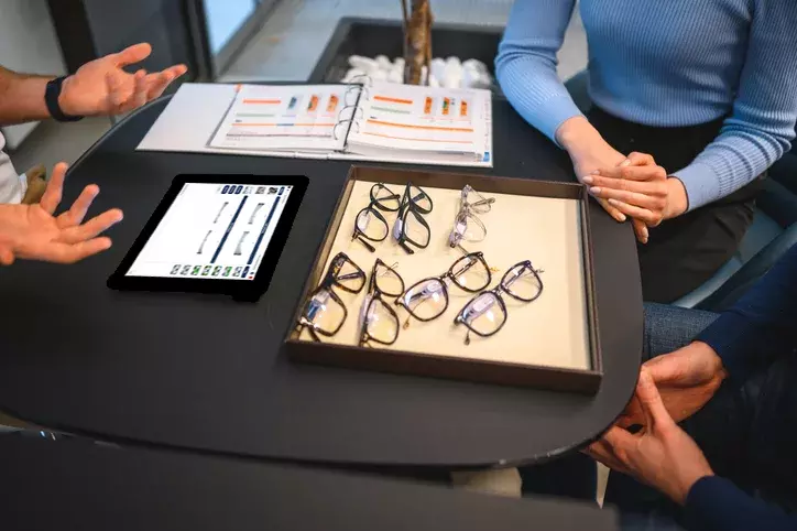 Optical professional using NexLens Calc at the counter